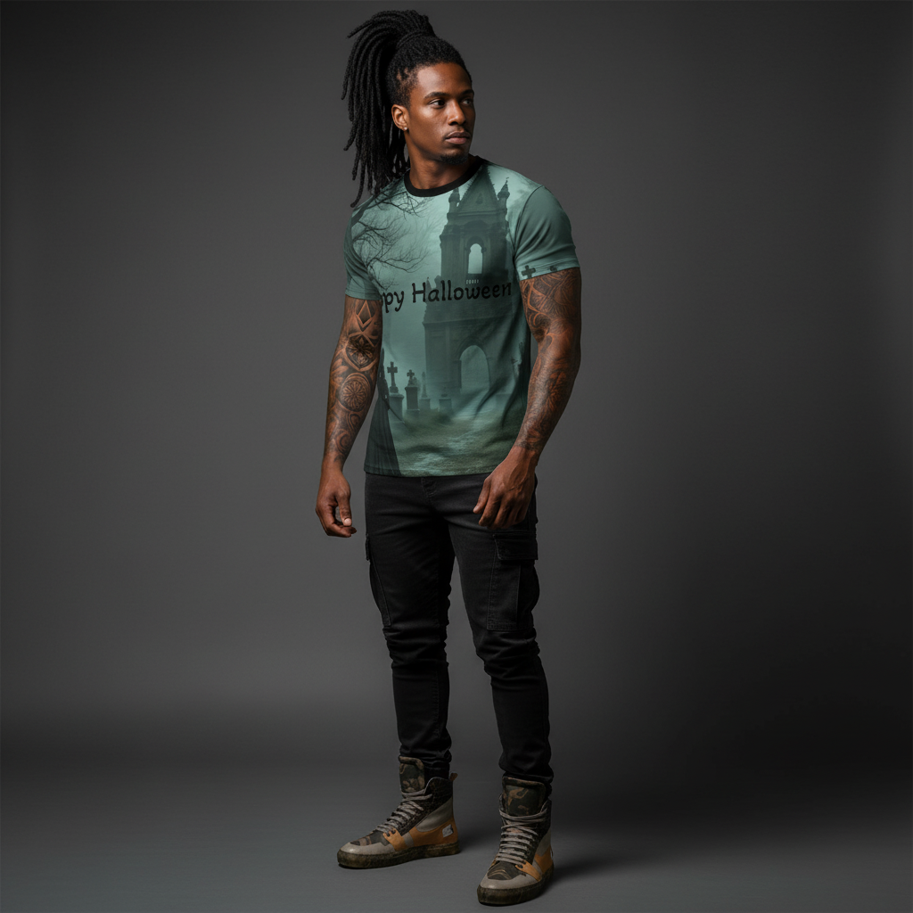 Halloween Unisex Tee, Spooky Graphic T-Shirt, Halloween Party Wear, Ghostly AOP Shirt, Gothic Casual Tee