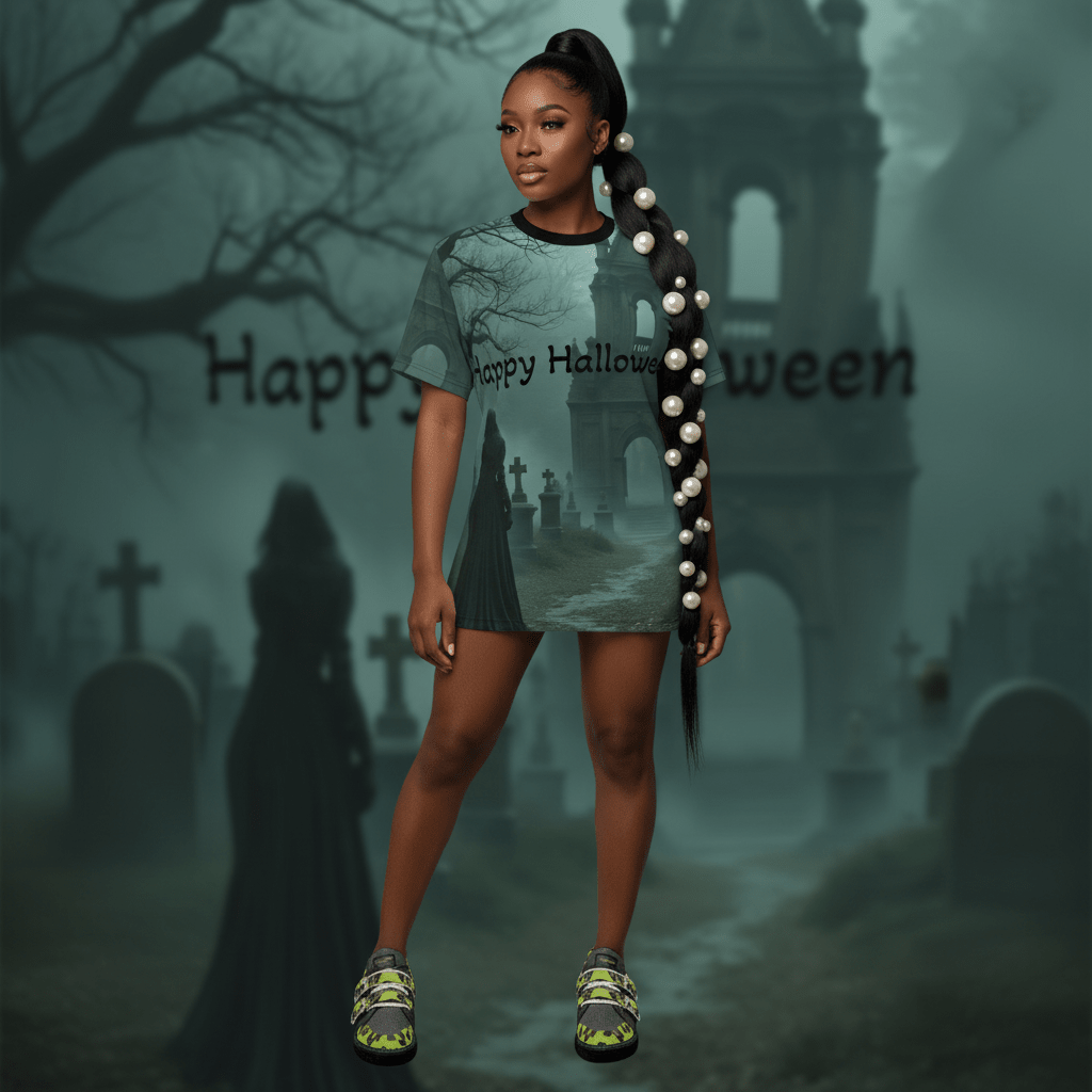 Unisex tee with ghostly all-over print, crew neck and regular fit for Halloween and casual wear — alternate view