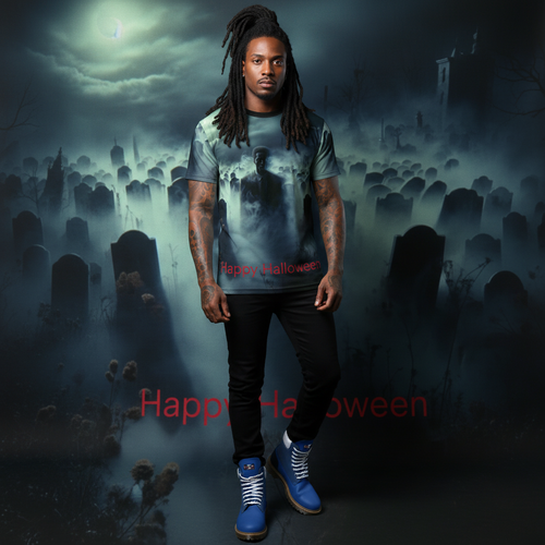 Unisex Halloween tee with spooky ghost and foggy graveyard graphic
