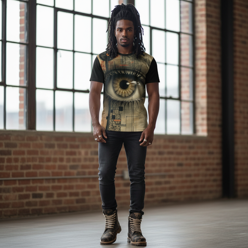 Unisex artistic graphic tee with bold all-over eye design print