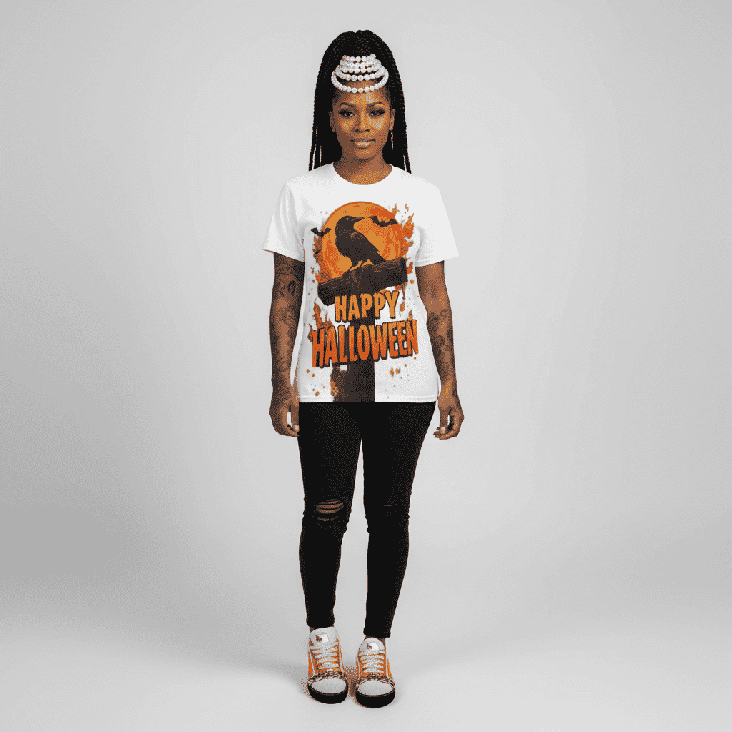Unisex tee with crow silhouette and orange moon all-over print, crew neck and regular fit for Halloween