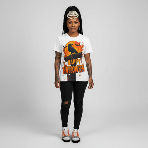 Halloween unisex tee with crow graphic on fiery orange moon background