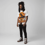 Unisex tee with crow silhouette and orange moon all-over print, crew neck and regular fit for Halloween — alternate view
