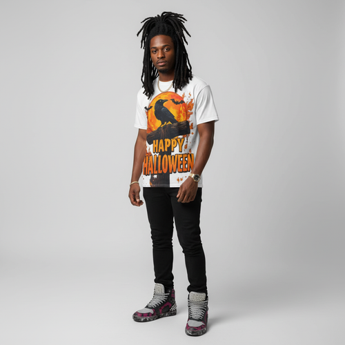 Halloween unisex tee with crow graphic on fiery orange moon background