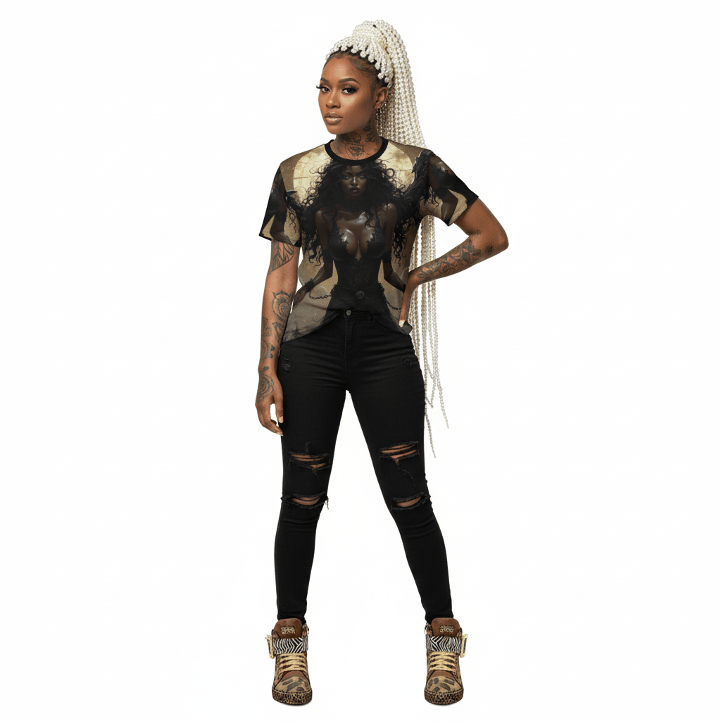 Unisex tee with gothic angel all-over graphic, crew neck and alternative dark fantasy styling
