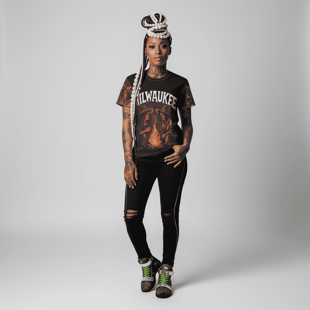 Unisex tee with two witches by a campfire all-over print, crew neck and regular fit with witchy vibe