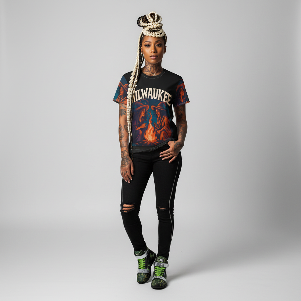 Milwaukee Witchy Vibes Unisex Tee featuring two witches by a campfire in a vintage Halloween graphic design
