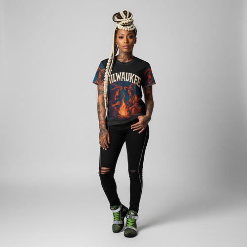 Milwaukee Witchy Vibes Unisex Tee featuring two witches by a campfire in a vintage Halloween graphic design