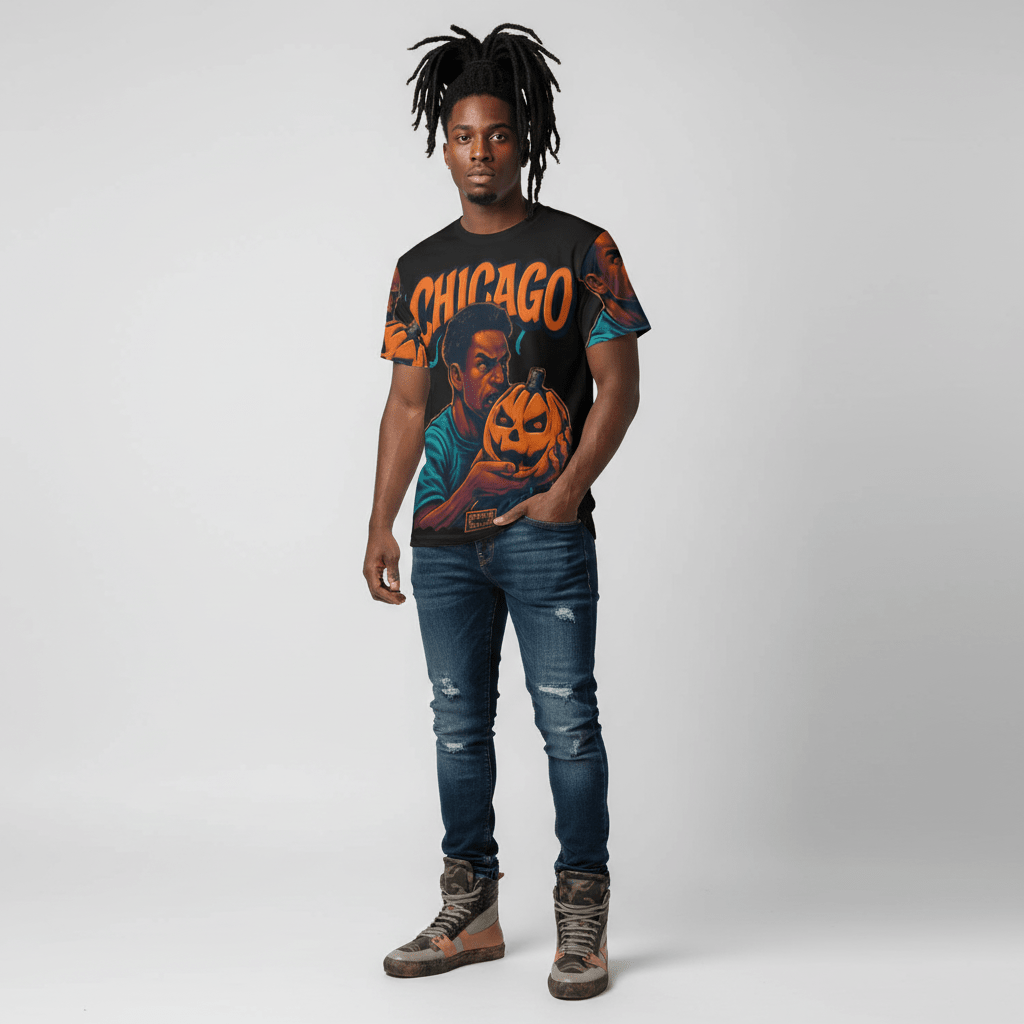 Unisex tee with Chicago-inspired spooky all-over print, crew neck and regular fit assembled in the USA