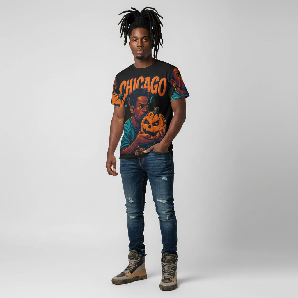 Chicago Halloween Unisex Tee with spooky pumpkin graphic, fall streetwear style