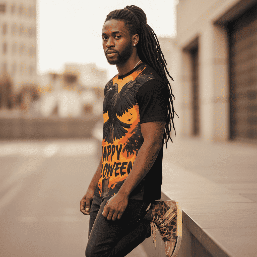 Unisex tee with a bold crow and 'Happy Halloween' graphic in vibrant colors