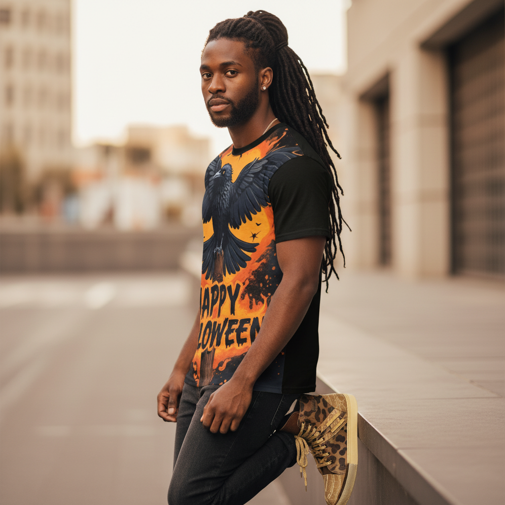 Unisex Halloween Crow Tee with striking raven graphic and Happy Halloween text