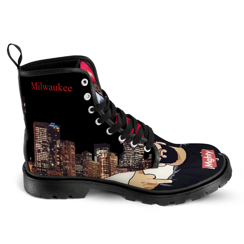 Red and black men's high-top canvas lace-up shoe with black rubber sole