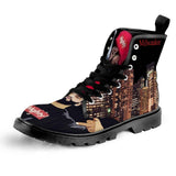 Red and black high-top men's canvas shoe with lace-up front and black gum rubber outsole — side view