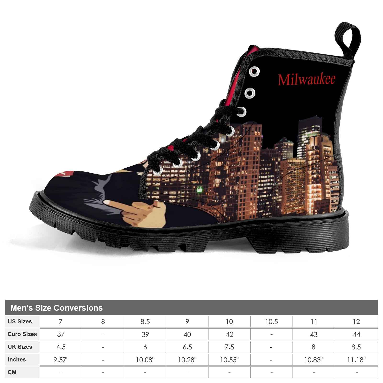 Red and black high-top men's canvas shoe with lace-up front and black gum rubber outsole — rear view