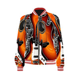 Women's orange all-over print zip jacket with graphic guitar design and two pouch pockets — product detail