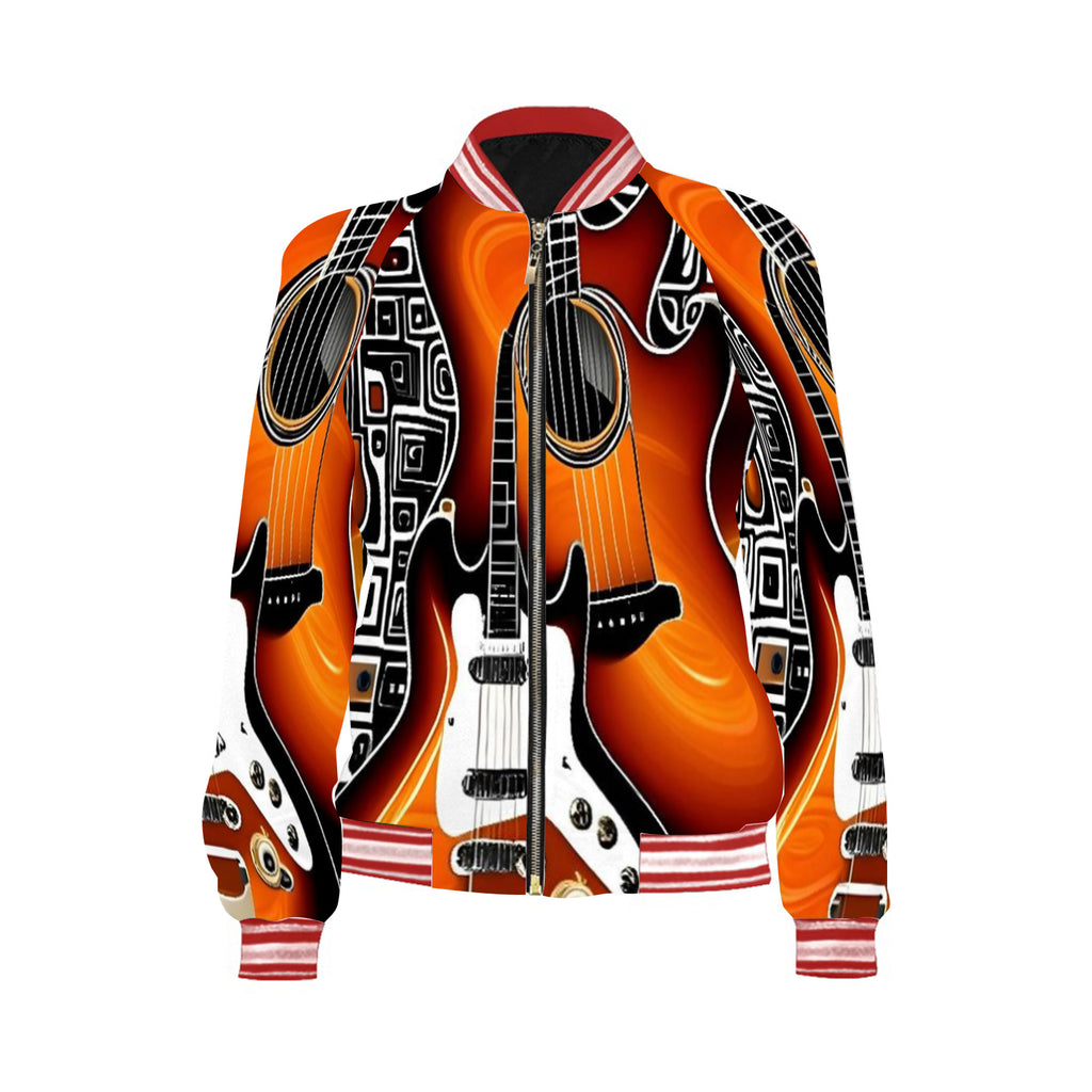 Rich and Rich Orange Graphic Guitar Women's Jacket with full zip and vibrant guitar design