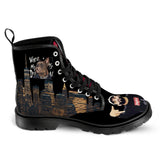 Black men's lace-up canvas boots with all-over print, ribbed midsole and rear pull-loop — rear view