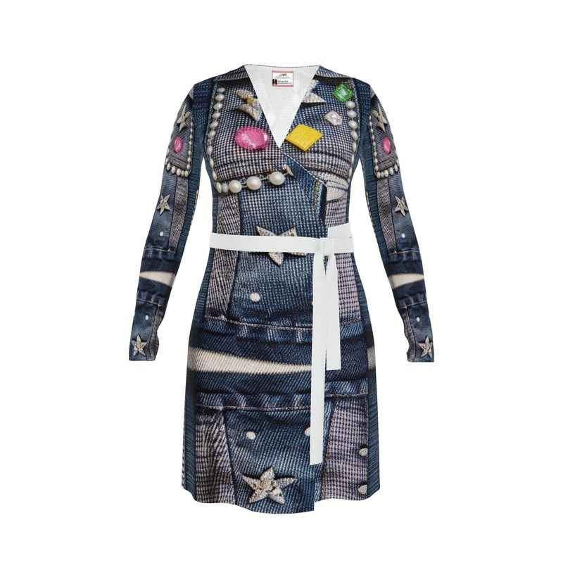 Blue jean-print wrap dress with V-neck, long sleeves and belt tie — additional view 14