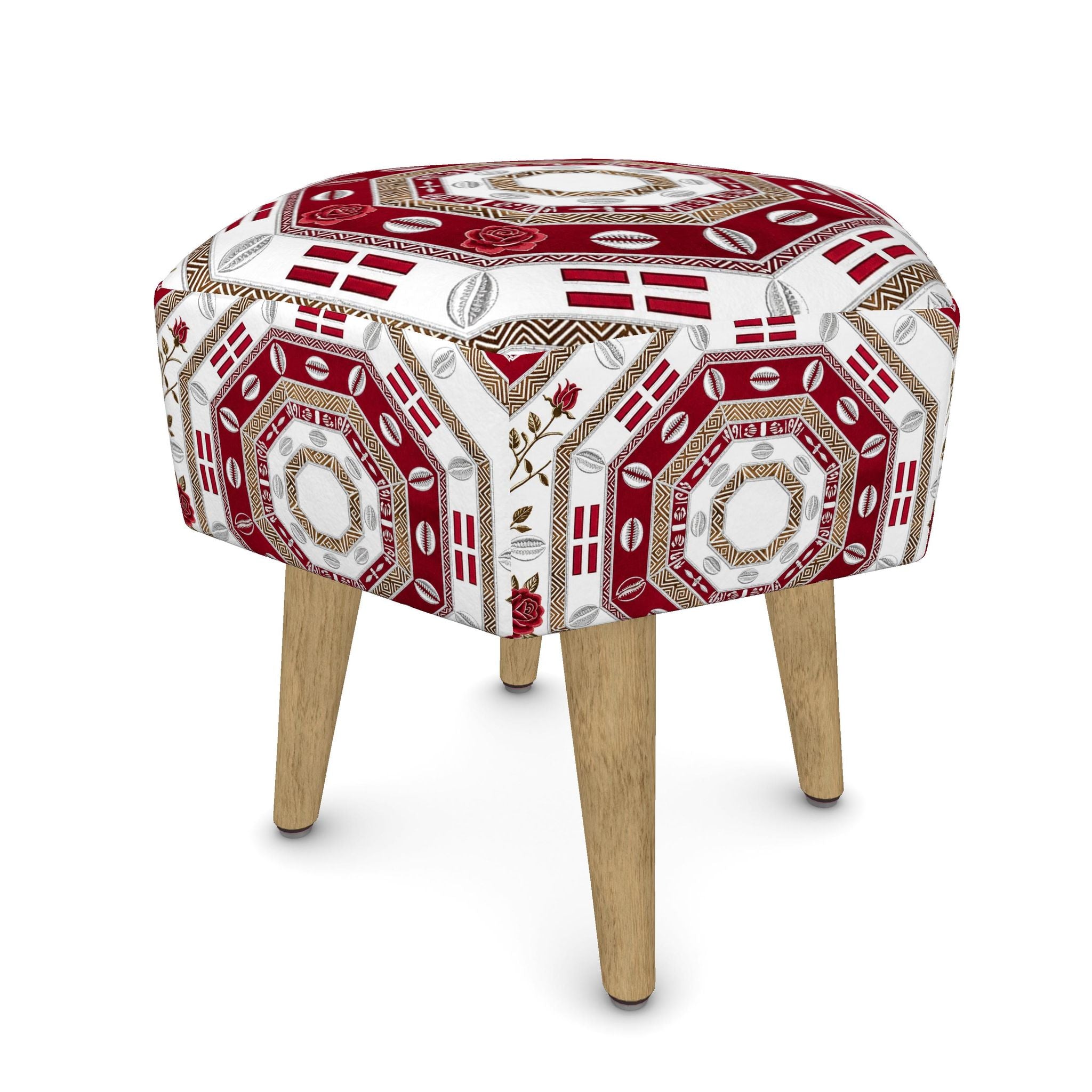 Hexagonal upholstered footstool with tribal print, FSC-certified birch frame and natural wood legs — alternate view