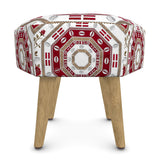 Hexagonal upholstered footstool with tribal print, FSC-certified birch frame and natural wood legs — product detail