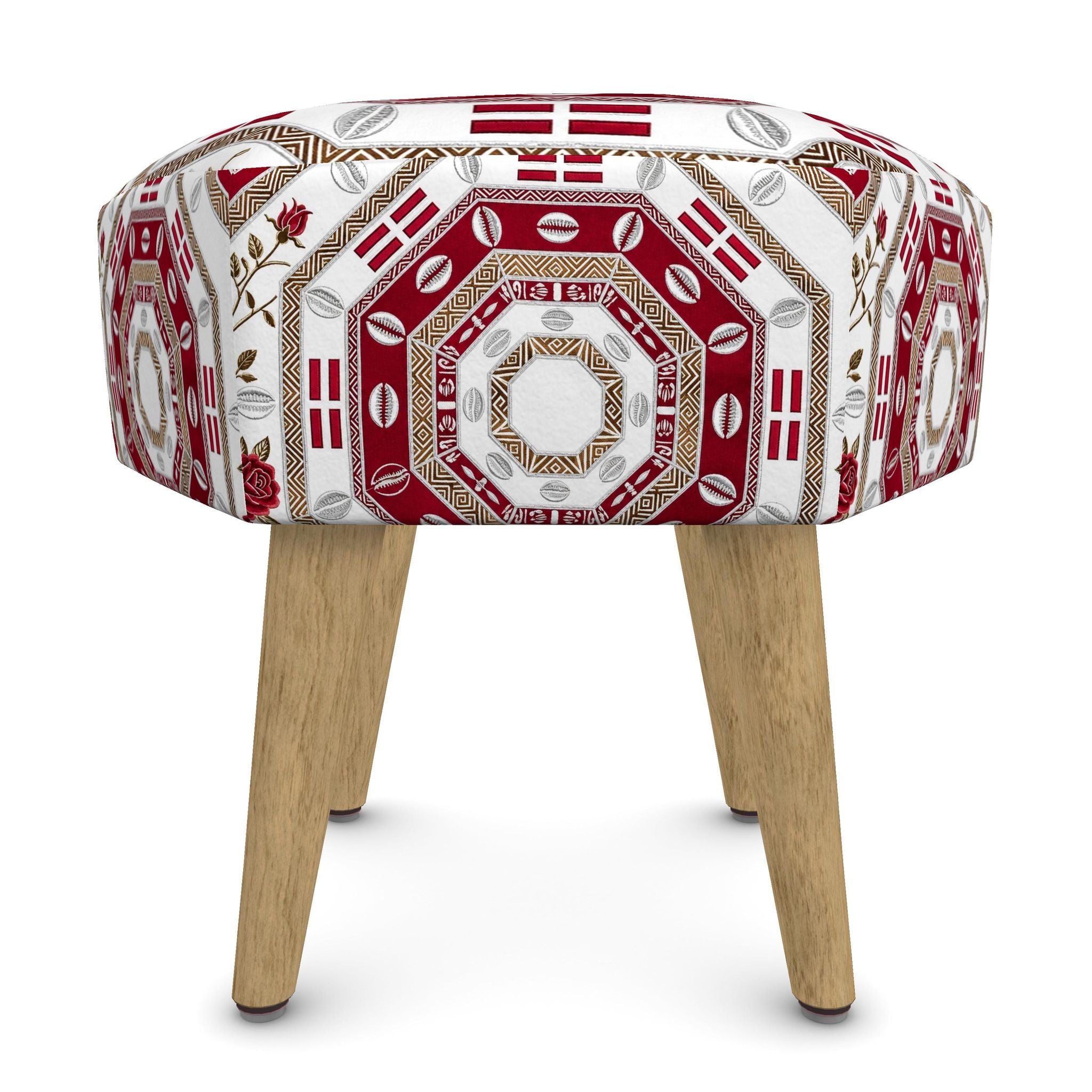 Hexagonal upholstered footstool with tribal print, FSC-certified birch frame and natural wood legs — product detail