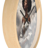 Square 10-inch wall clock with wood frame, plexiglass face, and a quiet metal mechanism — side view
