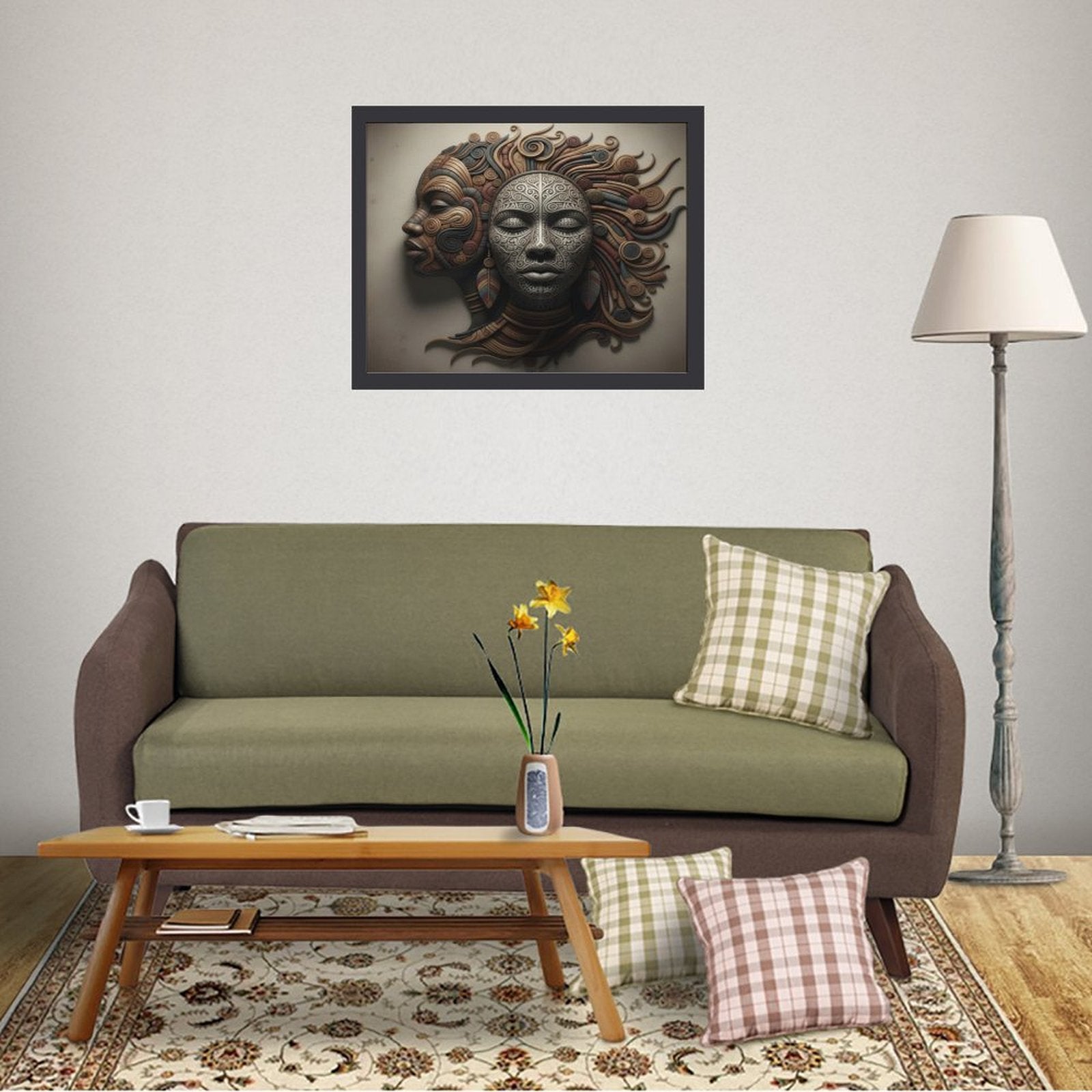 Small framed faces painting on wood framework with textured earthy tones, 15.7 x 11.8 inches — product detail