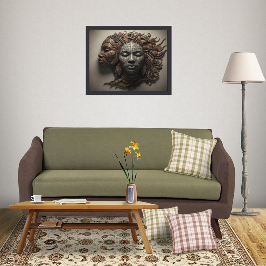 Rich and Rich Home 12x16 wood framework painting featuring abstract faces art