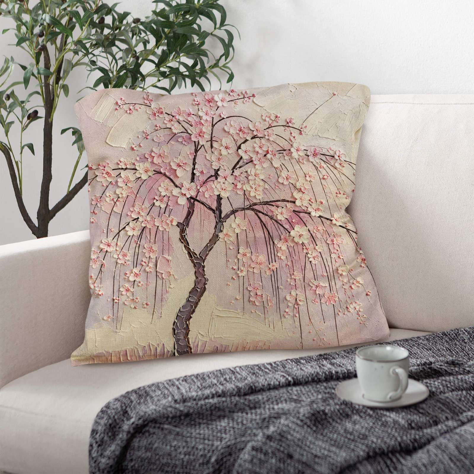Square 18x18 faux-linen pillow with pink cherry blossom tree artwork and included core — rear view