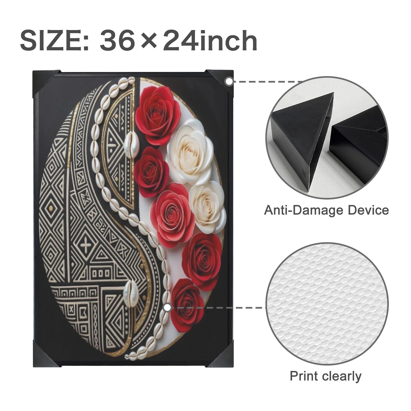 Black-framed canvas print with Crimson & Ivory Harmony tribal design and floral accents, 24 by 36 inches — side view