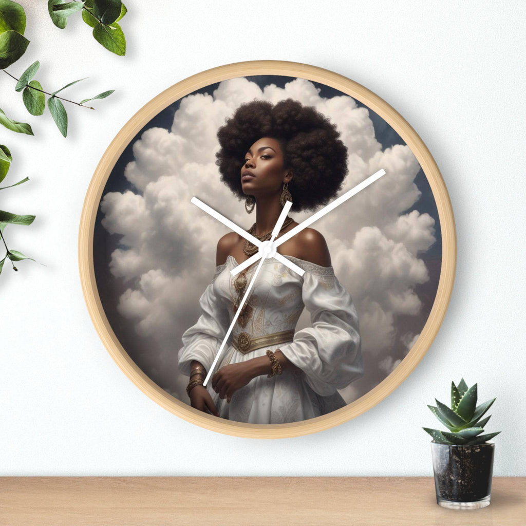 R&RH Serenity Wall Clock with wood frame and plexiglass face hanging on a living room wall