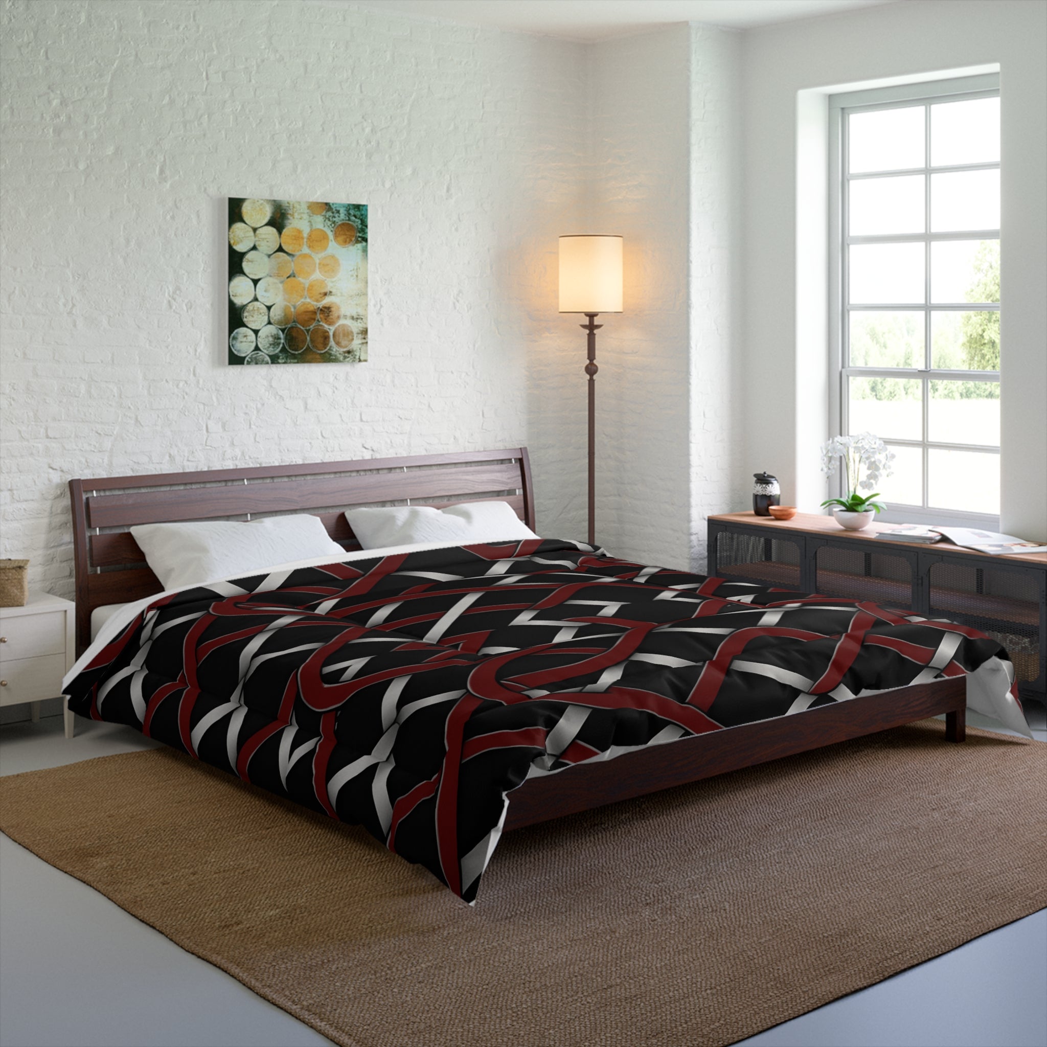 Rich and Rich Red and Gray Modern Geometric Comforter on bed in stylish bedroom