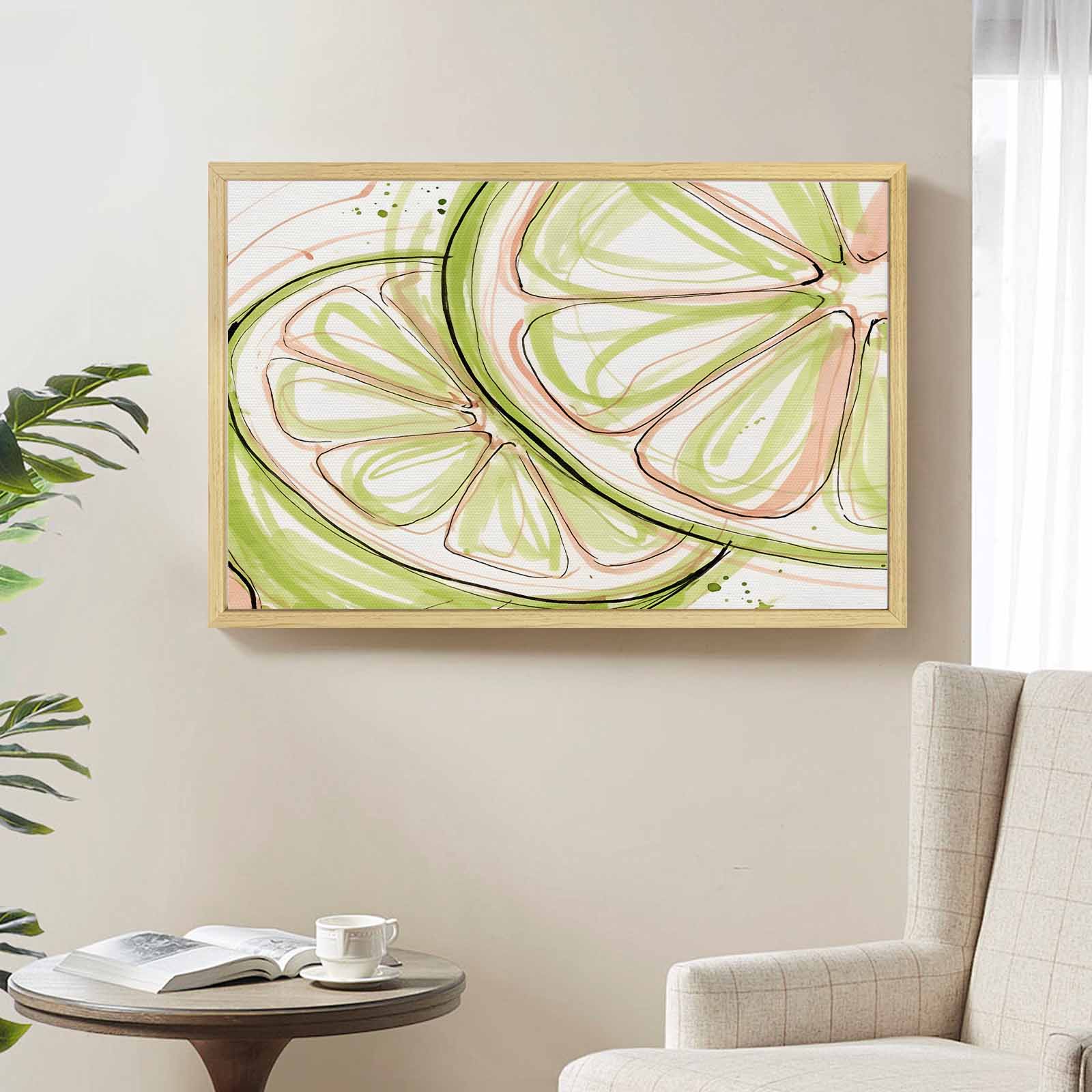 Rich and Rich Lime Slice Watercolor  Natural Wood Frame Painting