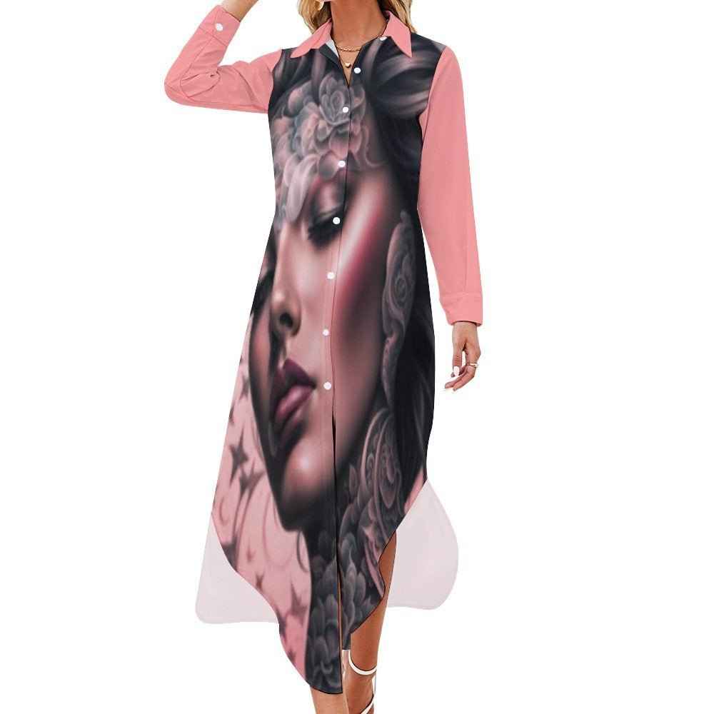 Pink peach long-sleeve button-up shirt dress with split hem and all-over print