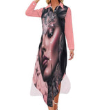 Pink peach long-sleeve button-up shirt dress with split hem and all-over print