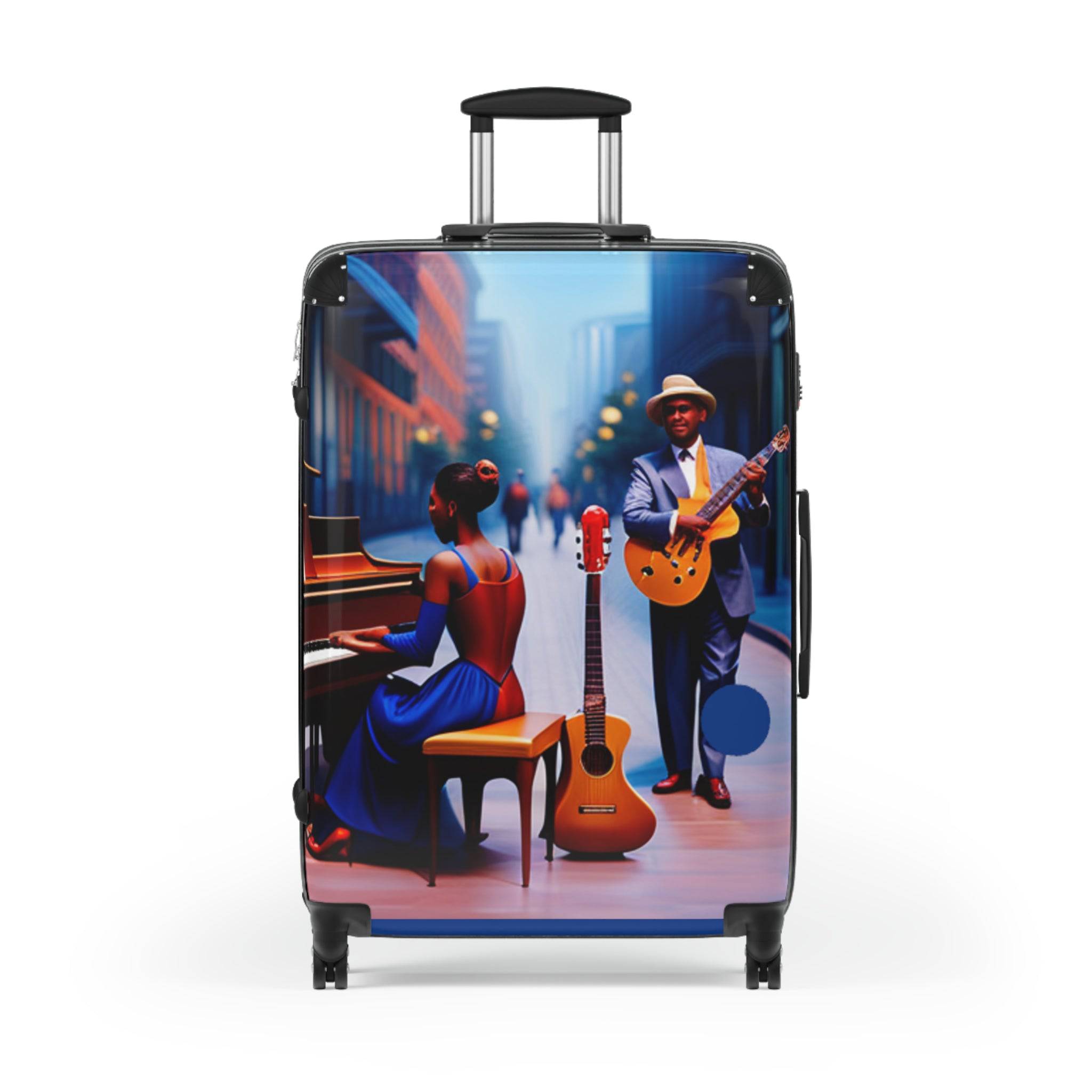 Rich and Rich Blue Caricature Jazz Suitcase with adjustable handle and 360-degree wheels