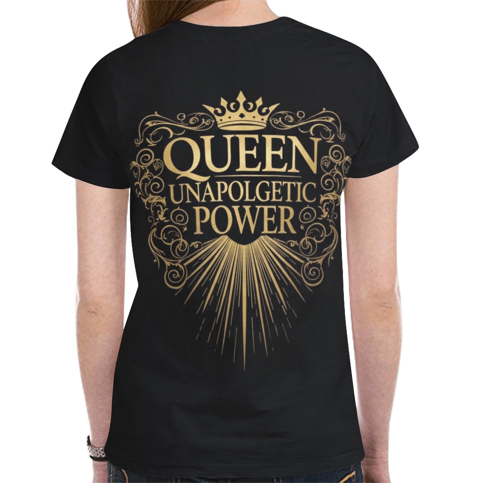 Women's relaxed-fit black all-over print mesh T-shirt with 'Unapologetic' graphic design — alternate view