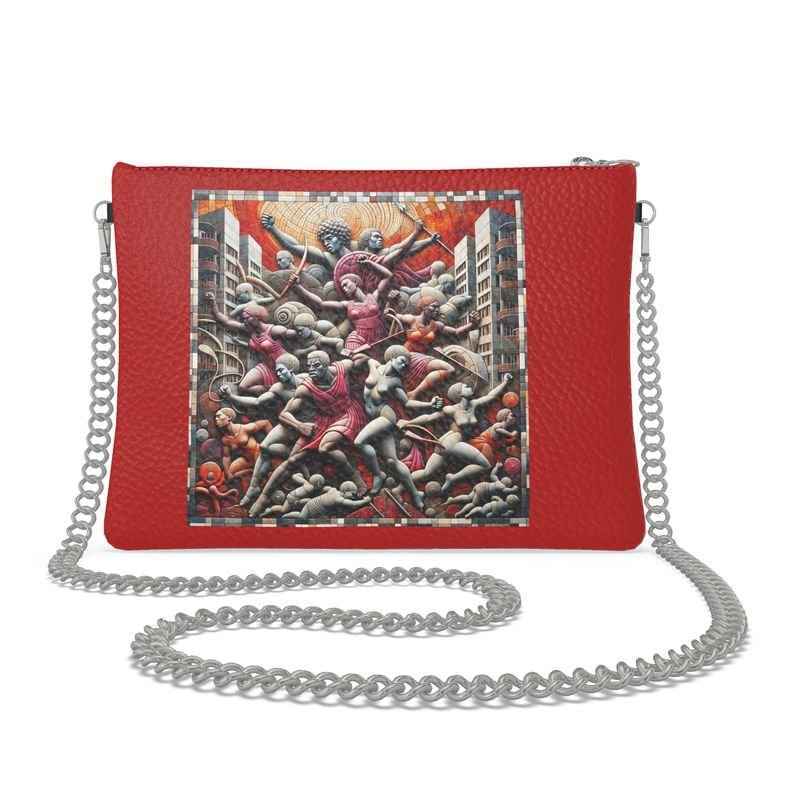 Red crossbody bag with Greek mythology inspired abstract colors and detachable nickel-plated chain strap — product detail