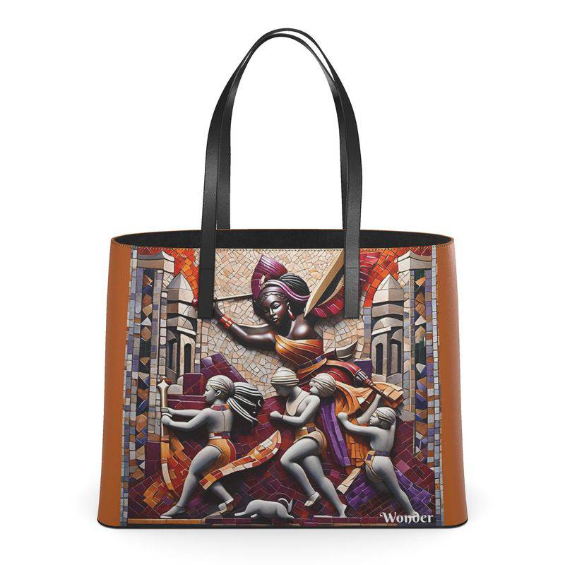 Brown nappa leather tote bag with earthtone caricature print and roomy interior