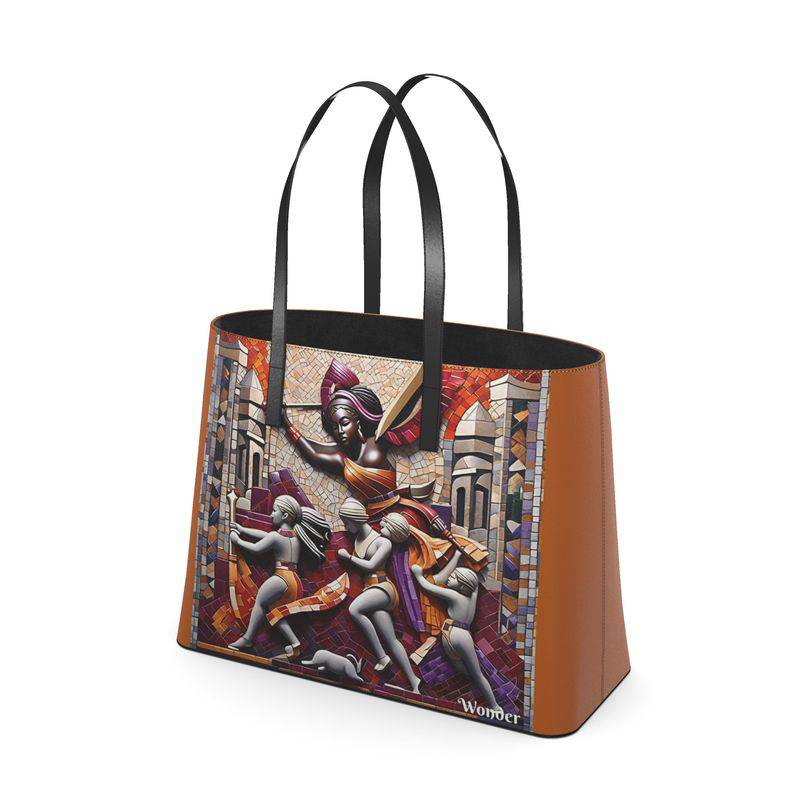 Brown nappa leather tote bag with earthtone caricature print and roomy interior — alternate view