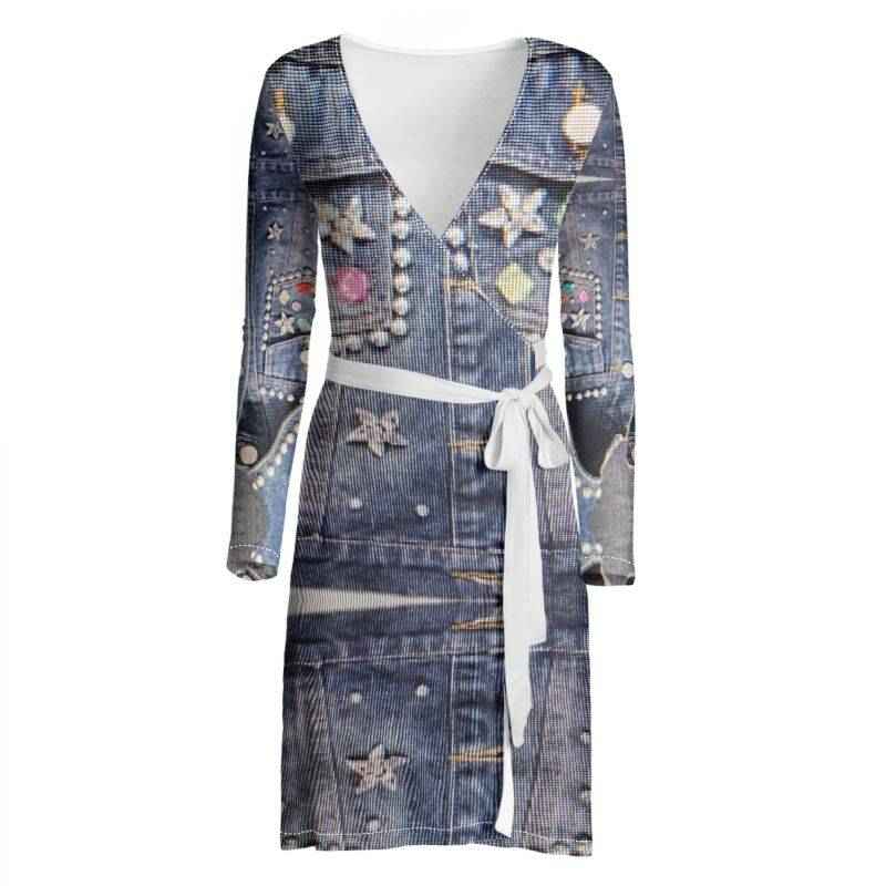 Jean-look women's wrap dress in poly-elastane jersey with V-neck, long sleeves and belt tie, above-the-knee — alternate view