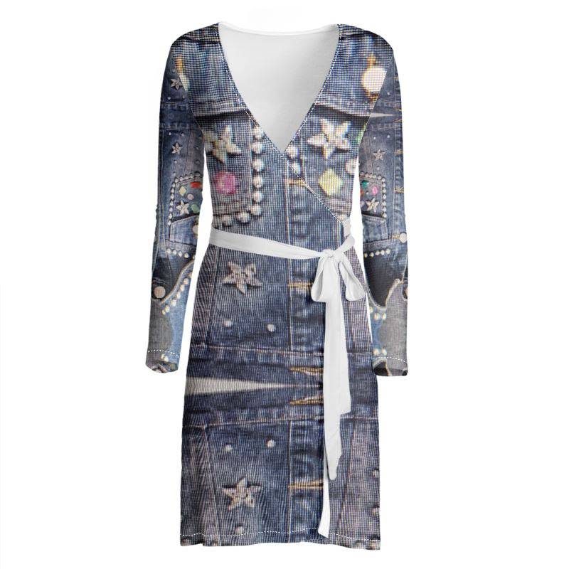 Rich and Rich Jean Look Wrap Dress in denim style on mannequin