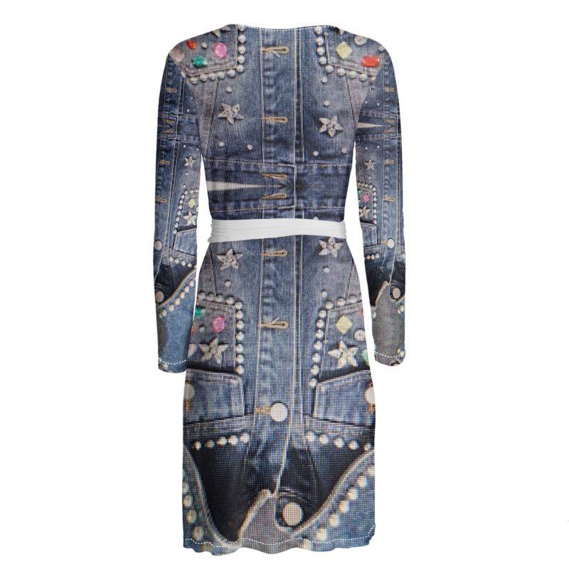 Rich and Rich Jean Look Wrap Dress in denim style on mannequin