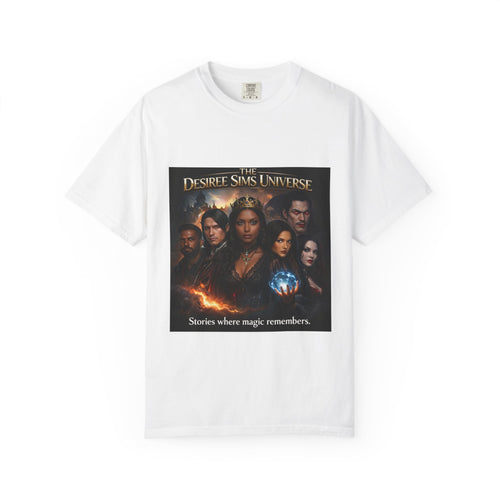 Desiree Sims Universe Fantasy Series Cast Poster T-shirt with cinematic magic print on garment-dyed fabric