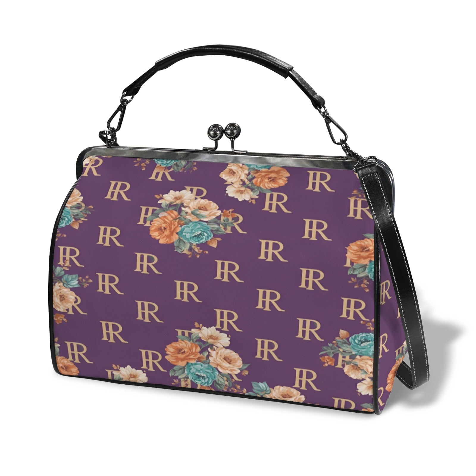 Purple floral kisslock crossbody bag in waxed PU with removable shoulder strap and top handle — side view