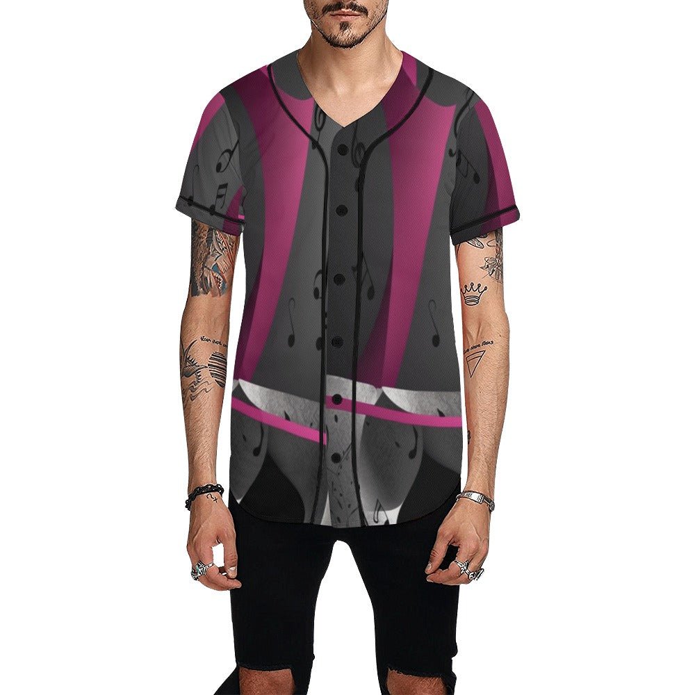Magenta full-button baseball jersey with all-over musical notes print and rounded hem