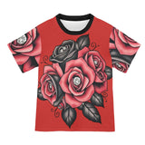 Red women's t-shirt with roses and diamonds all-over print in polyester mesh — side view