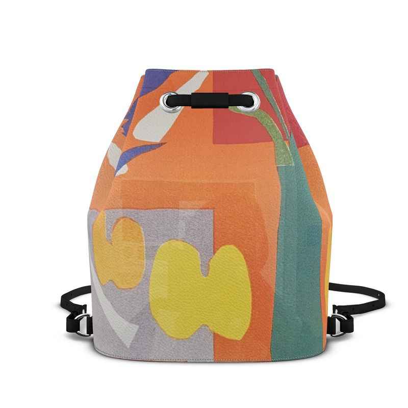 Orange abstract Nappa leather bucket drawstring backpack with faux suede lining and adjustable leather straps