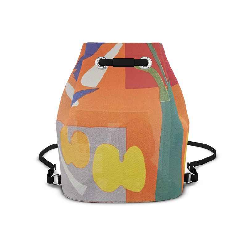 Orange abstract Nappa leather bucket drawstring backpack with faux suede lining and adjustable leather strap — alternate view
